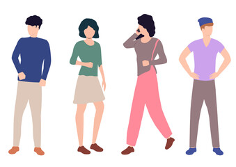 Strolling people. A side view of happy male and female entrepreneurs or office workers rushing to work or for a walk. Flat vector illustration highlighted on a white background