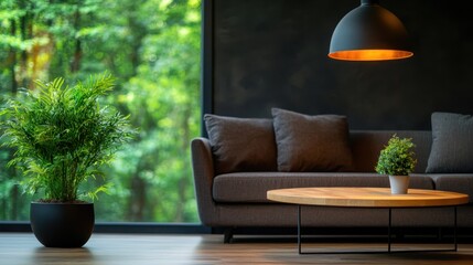 A cozy and elegant living room with a modern touch, highlighted by dark walls and furniture with green plant decor adding a refreshing natural accent.