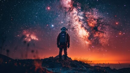 Obraz premium An astronaut stands on a hilltop gazing at the Milky Way galaxy.