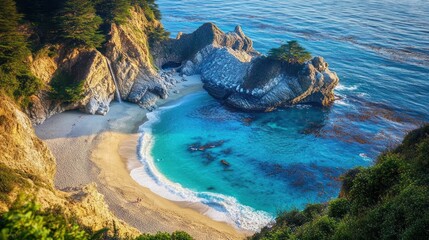 A secluded cove with a waterfall cascading into a turquoise ocean, framed by lush green foliage and a sandy beach.