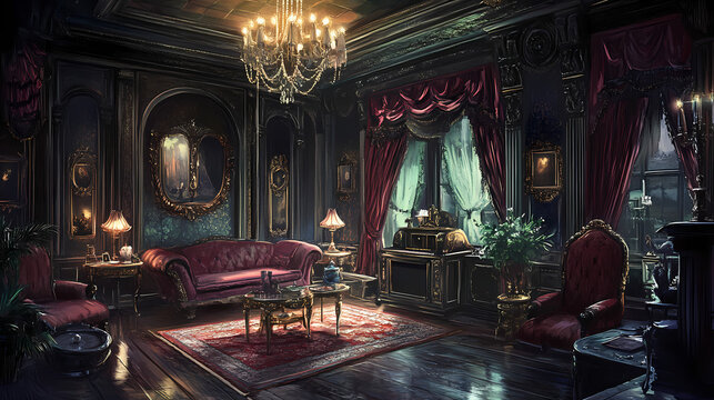 An opulent victorian parlor designed for evening. Opulent. Illustration