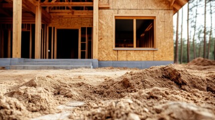 Mounds of sand lie near the frame of a wooden house under construction, nestled in a forest, illustrating construction site environment in nature's setting.
