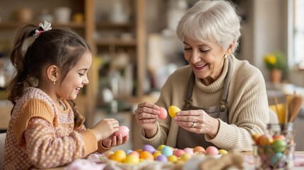 Naklejka premium An older lady and a girl happily decorate vibrant eggs together in a warm, inviting kitchen setting