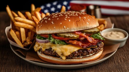 Delicious hamburger with fries, lettuce, tomato, and pickles on rustic wooden table.