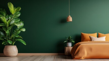 A stylish bedroom lined with vibrant orange bedding contrasted against deep green walls, accessorized with large plant and pendant lighting for a fresh ambiance.
