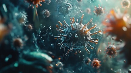 Microscopic view of viruses in a vibrant environment.