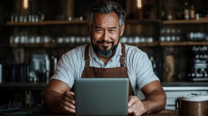 The image showcases a smiling barista in a cozy coffee shop, wearing an apron and sitting in front of a laptop, creating a warm, inviting, and productive atmosphere.