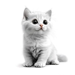 Obraz premium Detailed description: A hand drawn illustration of a cute kitten, with big round eyes and fluffy fur, sitting gracefully on a white background.Isolated on a white background.