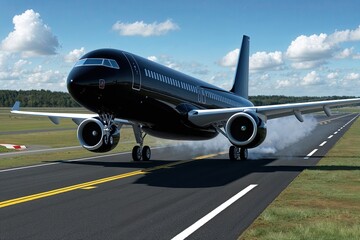 Obraz premium Ultra-Realistic Black Commercial Jet Aircraft Landing on Runway