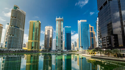 Obraz premium Residential buildings in Jumeirah Lake Towers timelapse hyperlapse in Dubai, UAE.