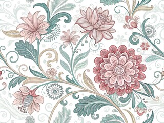 Fototapeta premium Seamless Floral Pattern: Vintage Floral Wallpaper with Damask Ornament and Delicate Leaf Illustration