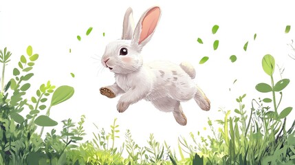 a 2D cartoon illustration of a rabbit hopping in the garden, energetic and fluffy, white background--ar 16:9