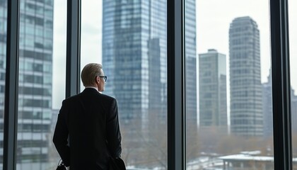 Fototapeta premium Photo of a businessman looking out of a glass window, a view of a tall building in front of him