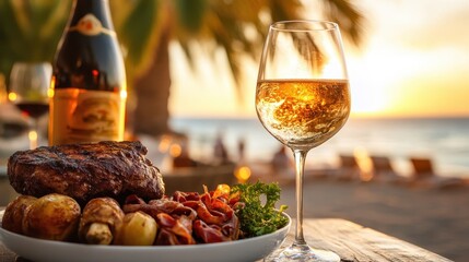 A delightful gourmet meal featuring steak and vegetables is elegantly paired with a glass of white wine, set against the backdrop of a beautiful beach sunset.