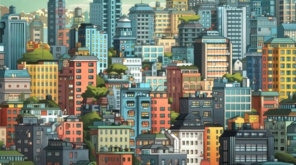 A lively cityscape featuring colorful high-rise buildings and lush greenery, showcasing the vibrancy of urban life.
