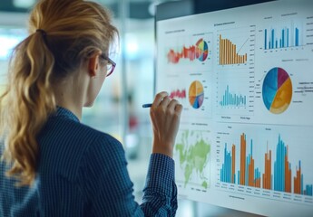 A professional businesswoman is intently analyzing charts and graphs on a large interactive display in a modern office setting. She points to specific data in a high-tech workspace.