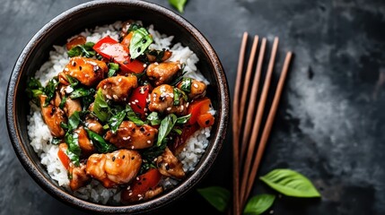 A mouthwatering teriyaki chicken garnished with fresh vegetables and sesame seeds atop rice in a traditional bowl, showcasing a perfect blend of taste and style.