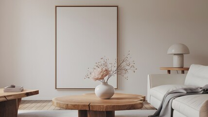 A minimalist living room with a large blank vertical frame on a white wall, a wooden coffee table beneath it holding a white vase with dried branches and a soft pink flower