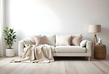 A modern, minimalist living room with a white sofa, beige throw blankets, and decorative pillows against a plain white wall.
