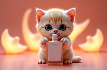Adorable ginger kitten holding a perfume bottle against a warm, glowing background, creating a cute and whimsical atmosphere
