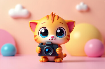 Cute cartoon-style ginger kitten holding a camera against a pastel background with clouds and round shapes, creating a playful and whimsical scene