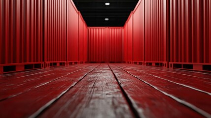 Fototapeta premium Image of red metal containers forming a corridor, featuring a detailed wooden floor that guides the viewer's perspective towards the vanishing point.