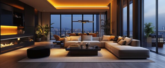 Modern Living Room with Sectional Sofa and City View at Night