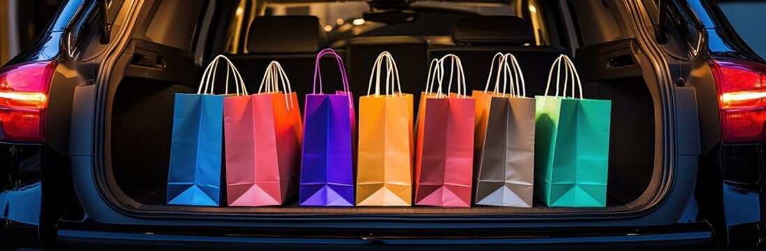 The image shows a trunk filled with colorful shopping bags, suggesting a successful shopping trip and vibrant consumer activity.