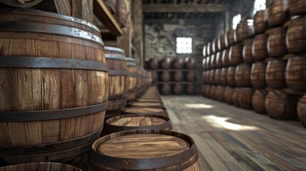 Whiskey, bourbon, scotch barrels in a row, a large warehouse facility.