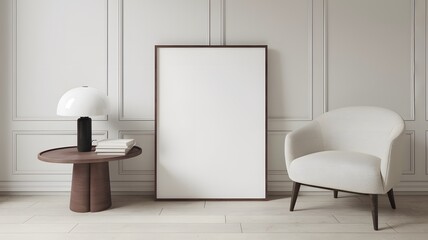 A minimalist room with a large, blank vertical frame leaning against a white wall adorned with subtle moldings. To the left of the frame, there's a round wooden table with a white lamp on top and a st
