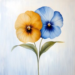 Fototapeta premium This oil painting features a stunning gold and blue pansy flower delicately painted on a crisp white background, capturing the beauty and elegance of nature in a mesmerizing abstract composition