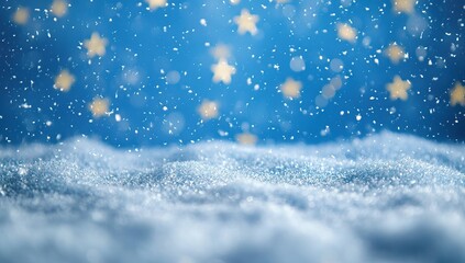 A beautiful winter scene with snowflakes falling over a snowy surface and bokeh lights