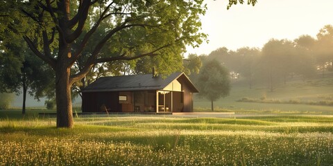 Fototapeta premium A charming wooden cabin nestled in a tranquil meadow with lush trees, bathed in warm sunrise light, offering a serene countryside escape.