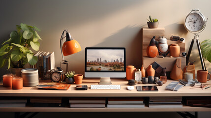 A minimalist desk setup with a computer, orange lamp, and various ceramics and plants, creating a cozy and organized workspace.