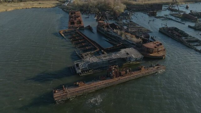 flying clockwise reveal of Staten Island Boat Graveyard