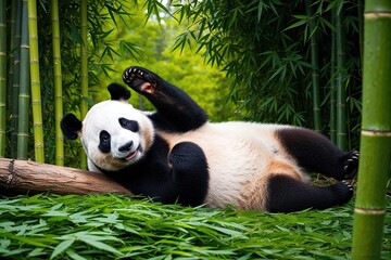 Fototapeta premium Charming Panda Relaxing in Verdant Bamboo Forest