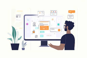 A person interacts with a virtual assistant, displayed on a screen, in a modern, tech-driven setting