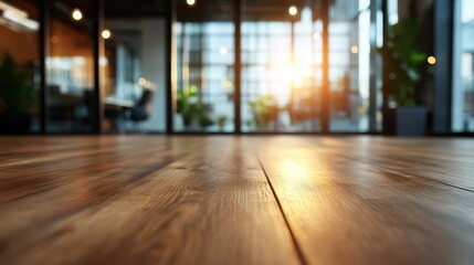 A tranquil office environment featuring warm wooden flooring, modern glass partitions, and plants basking in the golden glow of the setting sun.