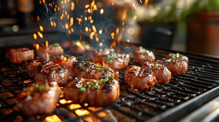 Cuts of meat sizzle on a fiery grill under sparks, showing intense flavors and the artistry of barbecue cooking, symbolizing summer gatherings and enjoyment.