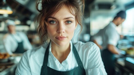 A concentrated female chef works diligently in a vibrant and busy kitchen, surrounded by fellow chefs and high energy, creating delightful culinary dishes.