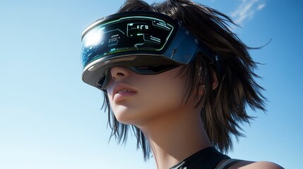 Advanced Virtual Reality Headset with Holographic Interface in Sunlit Scene