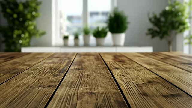 Empty rustic wooden table with blurred potted plants in the background concept of home decor