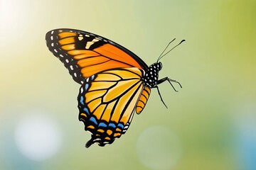 Fototapeta premium Stunning Blue Yellow Orange Butterfly in Flight on a Bright Light Background
