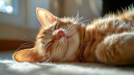 An intimate shot of an orange cat resting peacefully on a sunlit carpet, highlighting the warmth and tranquility of its serene home setting.