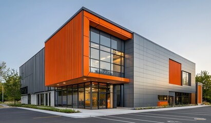 Fototapeta premium A stock photo of an industrial building with orange and gray metal cladding, a modern roller door in the entrance area,