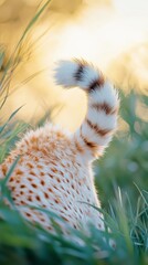 Obraz premium An empty scene featuring blank mockup template filled with a cheetahâ€™s tail elegantly curled as it sits quietly in the grass, symbolizing patience and poise for International Cheetah Day, 