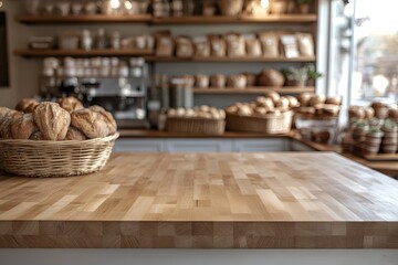 Fototapeta premium ベーカリーの木製カウンターと新鮮なパンのバスケット | Wooden Countertop with Fresh Bread Baskets in Bakery