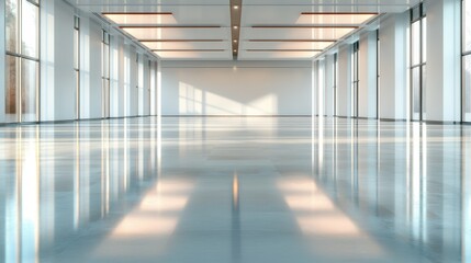 Vast empty hall with sleek white walls and expansive windows flooding the space with natural light, creating a sense of openness and possibility in the interior design.