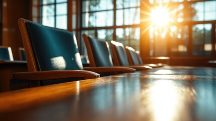 A row of sleek, modern chairs positioned near large windows allows vibrant sunlight to flood the space, showcasing minimalistic style and bright atmosphere.