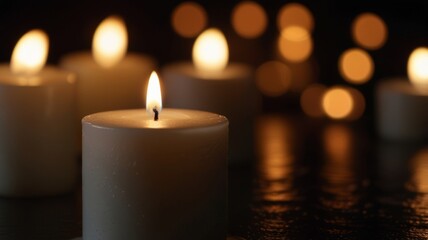 Several white candles flicker softly, casting a warm light on a dark background, creating a calm and cozy atmosphere